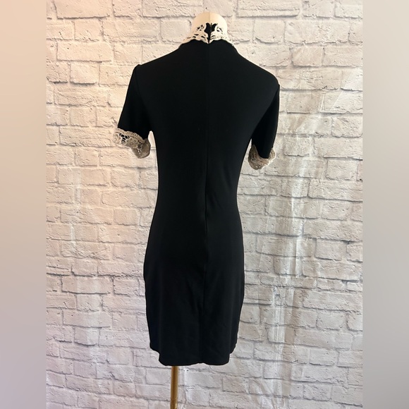 Mind Code Black Dress w Crochet Lace Collar Bodycon Knit Stretch Garden Botanist - Picture 10 of 12